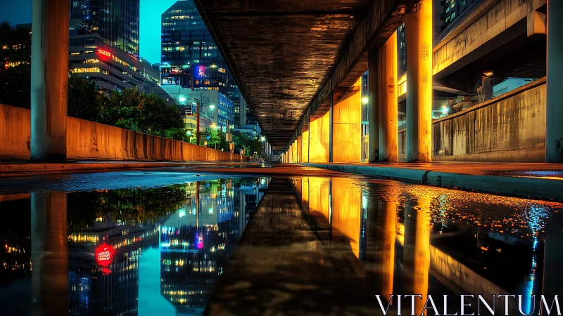 Neon underpass mirrors a glowing city in midnight rainlight.