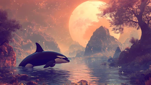 Orca swims through surreal valley lake under giant moon glow