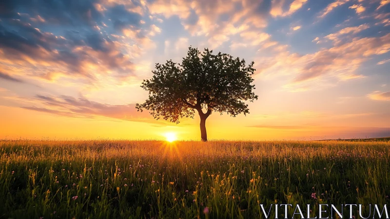 Solitary meadow sentinel crowned by a blazing sunrise sky.