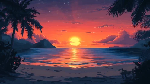 Tropical shoreline sunset with vivid orange reflective sea.