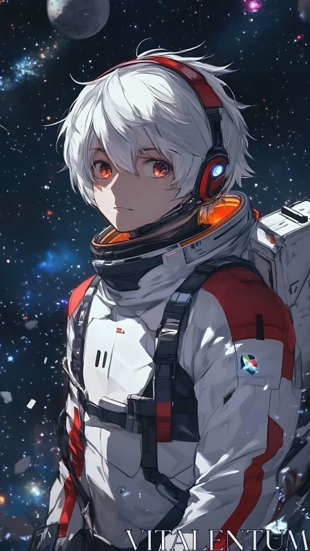 White-haired space-suited figure with headset in starfield.