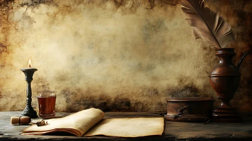 Antique writing desk with candle, quill, parchment and rustic patina