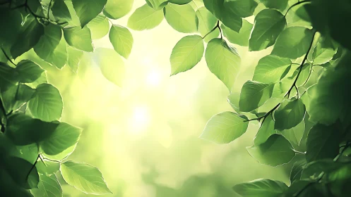 Sunlit Green Leaves Canopy with Soft Focus Nature Background.