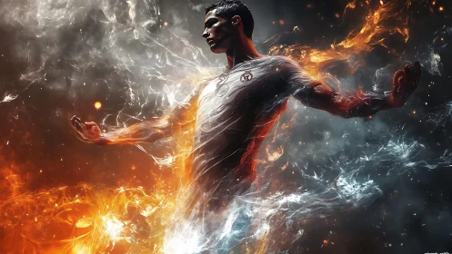Digital figure in sports shirt amid fire and smoke forms.