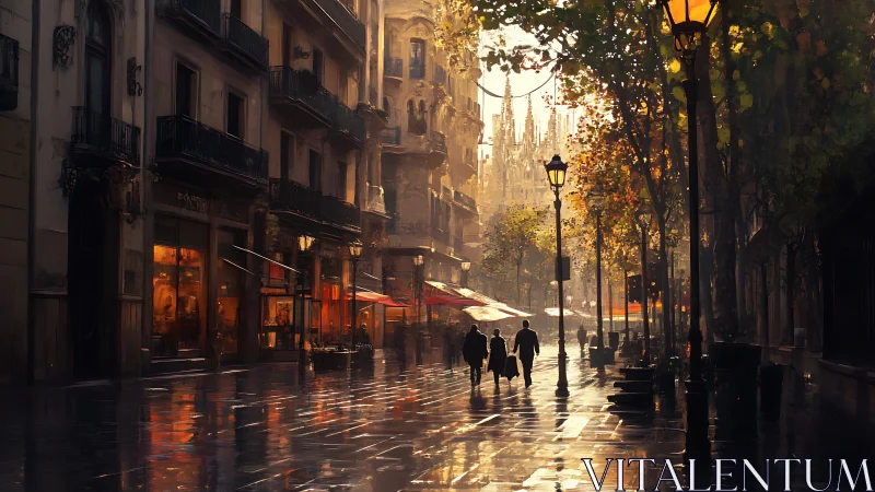 City street shows wet pavement, warm lights and distant cathedral