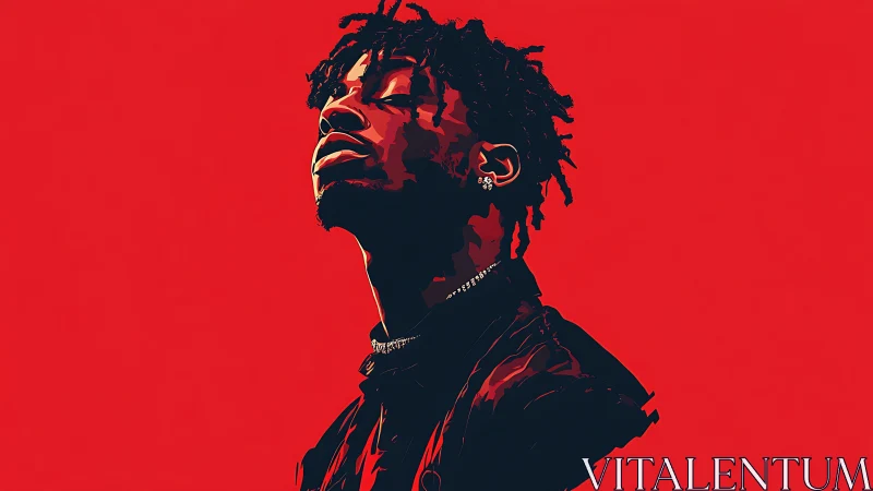 Crimson backdrop framing stylized portrait in bold shadowed forms.