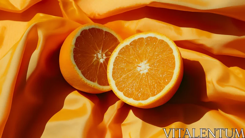 Sliced orange halves resting on vibrant satin fabric.