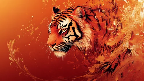 Tiger head in fiery orange abstract digital artwork.