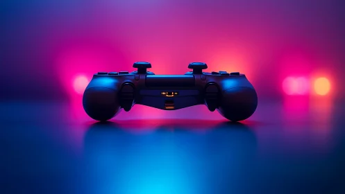 Black gaming controller with neon illumination against gradient background.