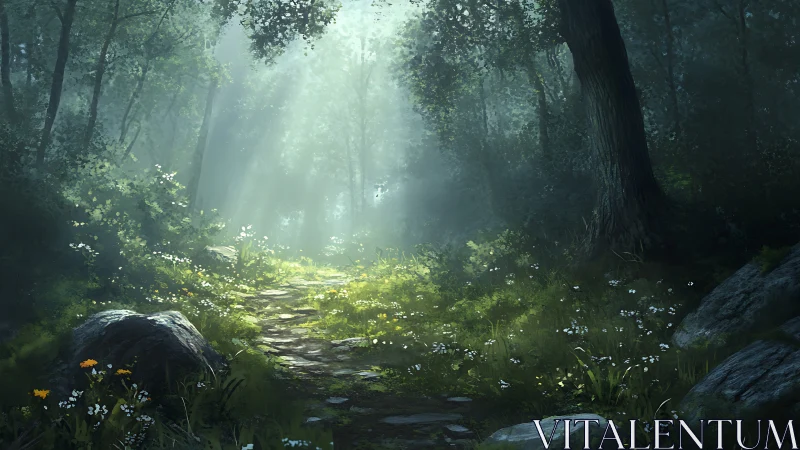 Enchanted Forest Pathway: Sunlit Woodland with Luminescent Flora.