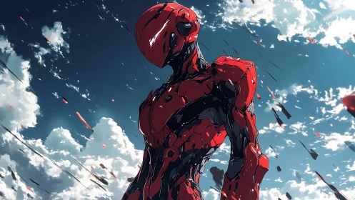 Red armored mecha stands against turbulent sky storm