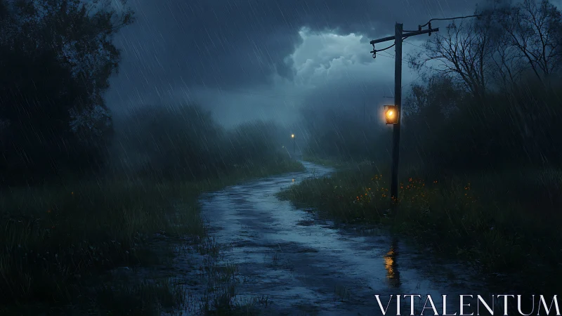 Lonely lamppost glows over rainy rural road at night.