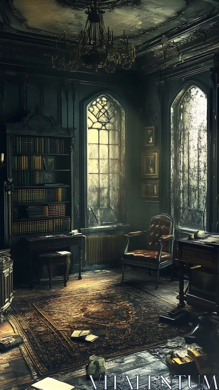 Decayed Victorian study interior with volumetric light and aged wood