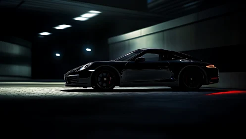 Low-key tunnel profile of black sports coupe under rimlight.