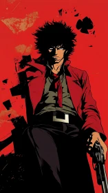 Gun-toting drifter stalks through crimson noir silence.