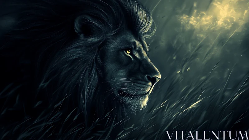 Side profile lion illustration in dark grassland lighting.