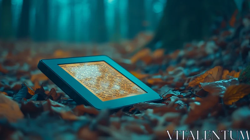 E-reader glows like a lost lighthouse in the autumn forest