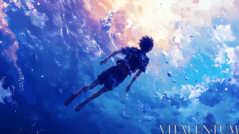 Solitary anime swimmer drifts through a dreamlit blue sky