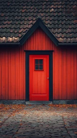 Red wooden door with tiled roof and autumn cobblestones.