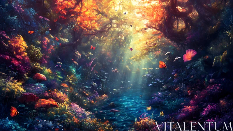 Luminescent forest ravine channels spectral light through dense canopy