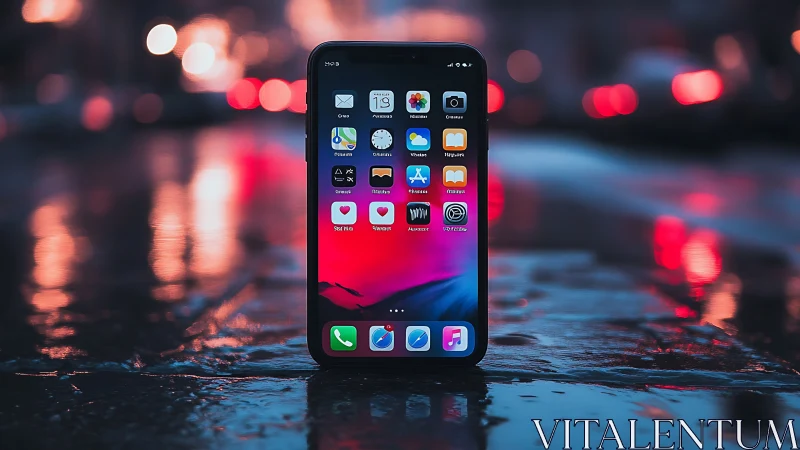 Smartphone Glows Against Wet Urban Canvas