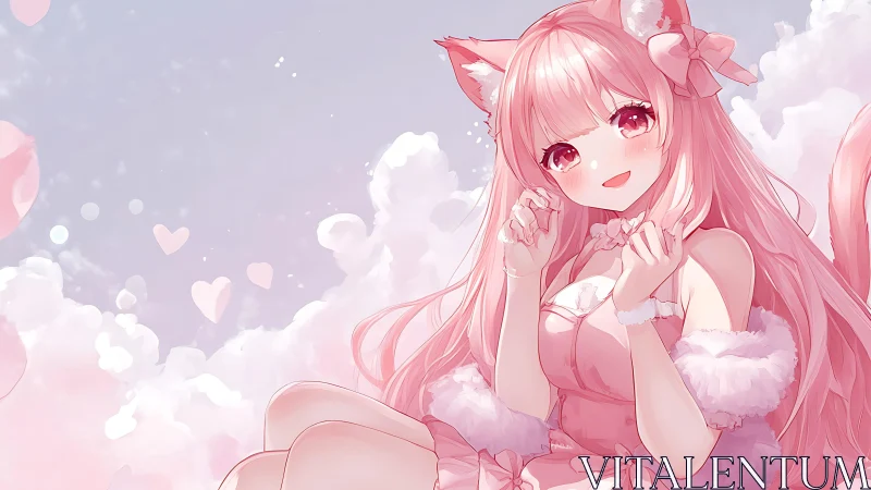 Cotton candy sky with a playful pink neko girl smiling.