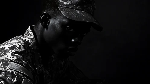 Quiet shadows around a thoughtful soldier in profile.