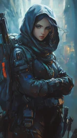Hooded cyber scout pausing in a rain washed neon alley.