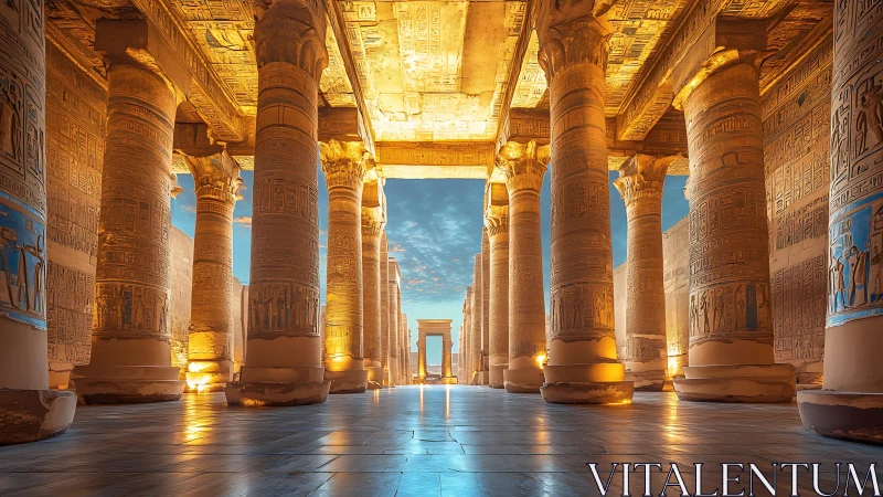 Golden dusk strolls between hieroglyphic giants of stone