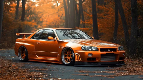 Orange tuner coupe on forest road in cinematic autumn light.