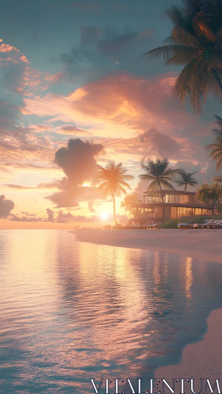 Palm-lined shoreline with modern beachfront villas at sunset.