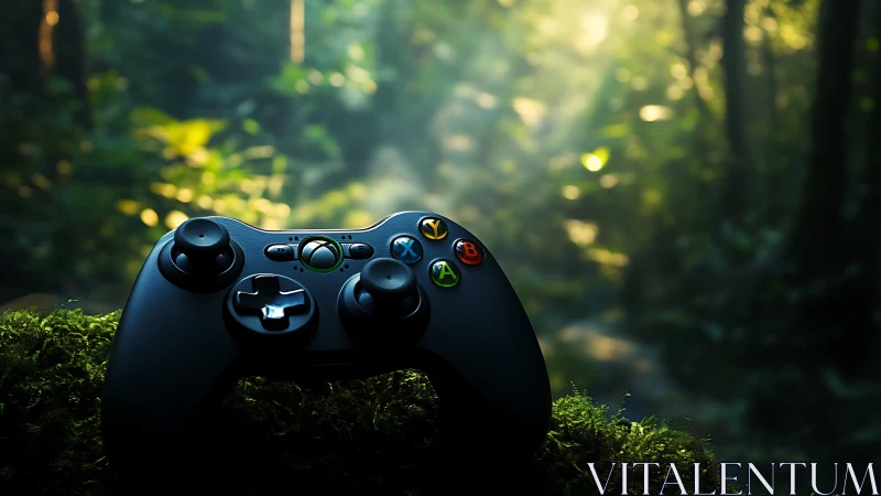 Gaming Controller Positioned on Moss in Forest Sunlight.