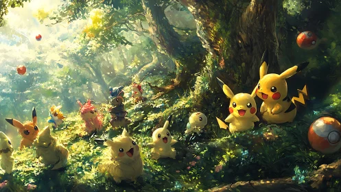 Pikachu and forest Pokémon gathered in sunlit woodland.