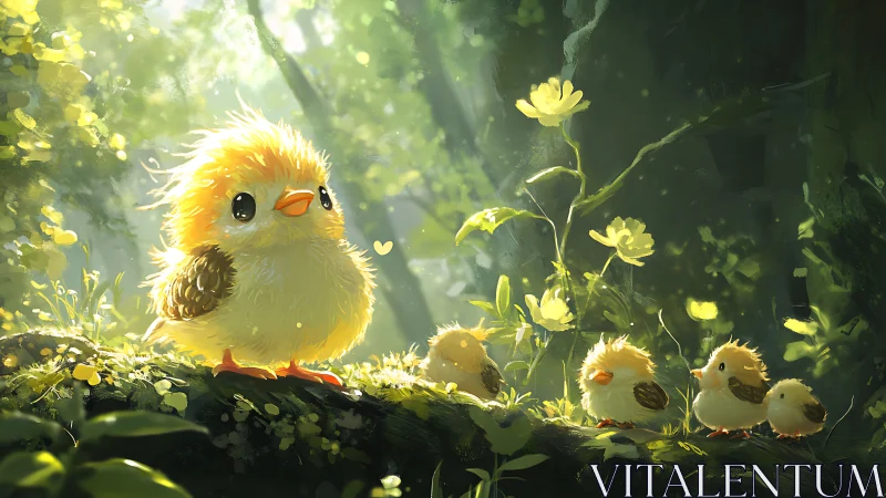 Fluffy forest chicks basking in gentle morning sunlight.
