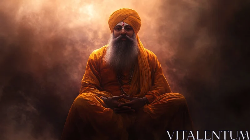 Dramatic rim-lit elder in saffron robes within volumetric haze