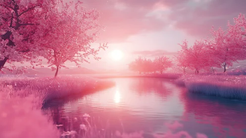 Iridescent pink riverside at sunset with ethereal cherry trees