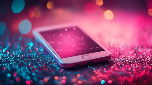 Smartphone on glittered surface with neon bokeh illumination