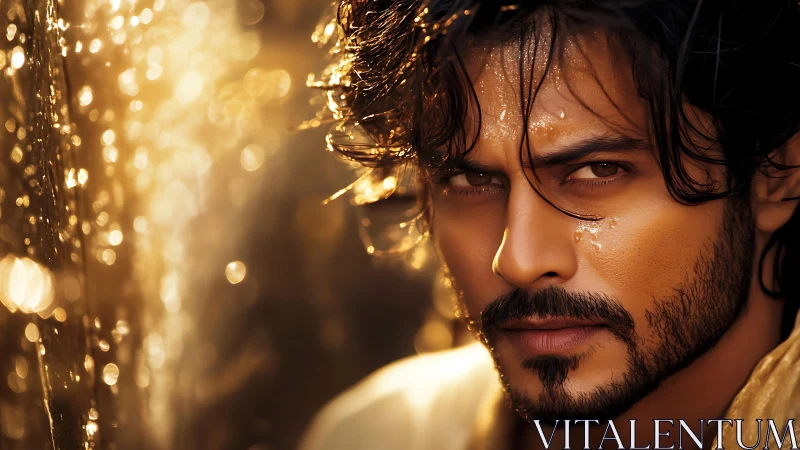 Intense golden close-up portrait glows in dramatic light.