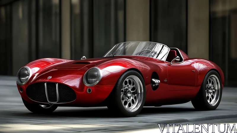 Classic red roadster coupe in modern urban setting.