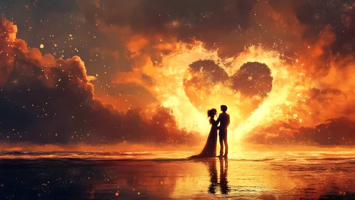 Silhouetted Couple Embracing Against Flaming Heart-Shaped Celestial Formation