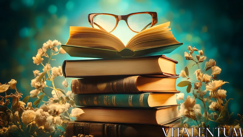 Story-soaked glasses hover above blossoms and glowing books