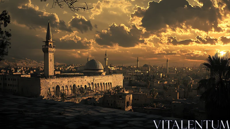 Historic mosque complex stands over dense city at sunset