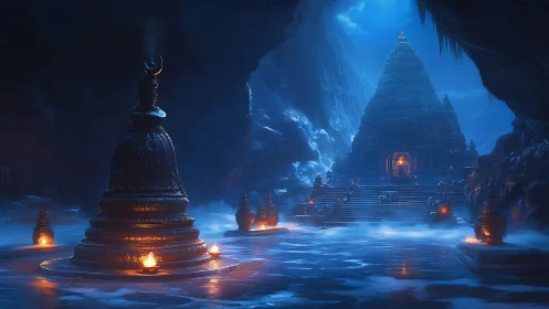 Moonlit cavern temple dreams in drifting sapphire mist.