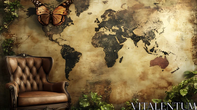 Photorealistic vintage map wall with leather chair composition.