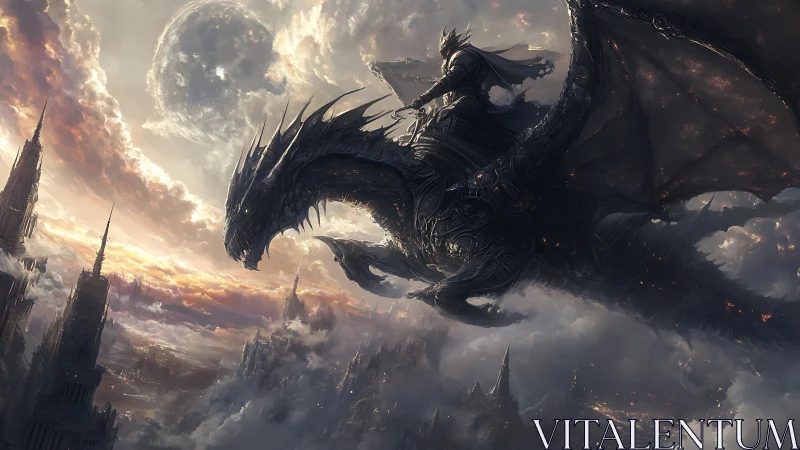 Armored rider on dark dragon above cloudy fantasy city.