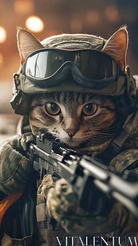 Tactical tabby on high alert, whiskered commando focus.
