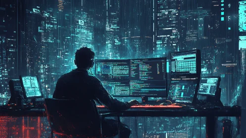 Focused coder at glowing screens in a neon cyber city.