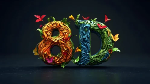 Vivid 8D Typography with Swirling Nature Motifs and Butterflies.