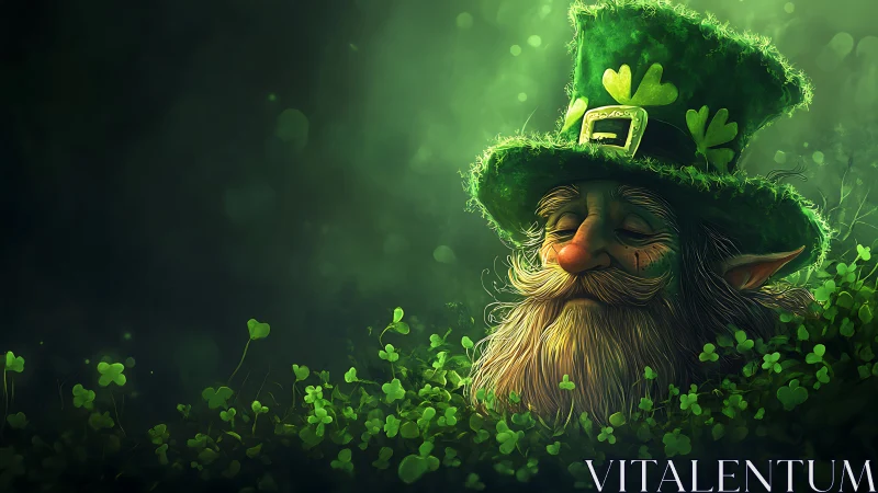 Leprechaun portrait in luminous shamrock field illumination.