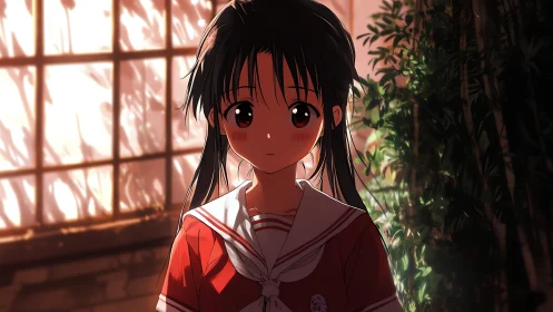 Sunlit shadows pause on a quiet girl in crimson uniform